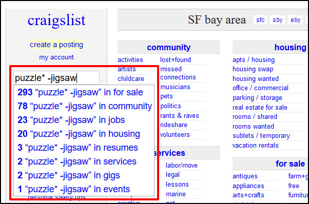 Craigslist wildcard search for puzzle and without jigsaw