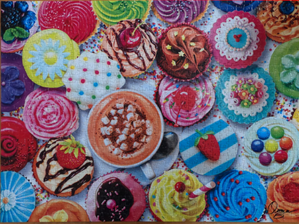 Finished puzzle of Cupcakes and Cocoa by Aimee Stewart, Buffalo Games Vivid Collection, 1000pc