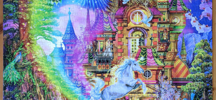 Puzzle of enchanted castle with vibrant rainbow colors